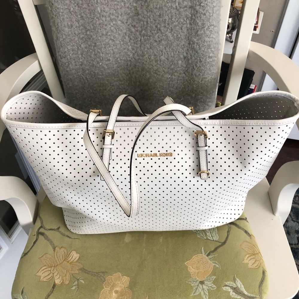 Michael Kors white leather perforated leather tote